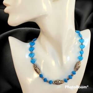 Handmade Icy Blue Czech Glass Leaf and Quartz Floral Beaded Necklace